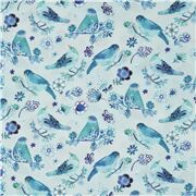 Tissu en coton bleu avec des oiseaux sur des branches des fleurs