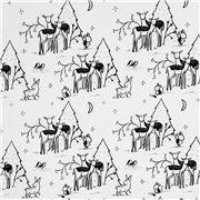 Tissu blanc avec des biches, des faons, une forêt, des lapins