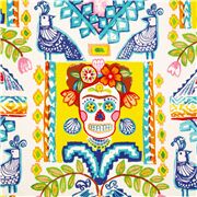 Tissu coton blanc Frida têtes de mort en sucre, oiseaux, fleurs