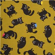 Tela oxford verde kaki con graciosos gatos negros algunos con sombrero
