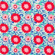Tissu grandes fleurs roses et rouges, tourbillons bleus blancs