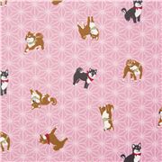 Tissu Oxford laminé rose clair chiens shiba inu et motifs géométriques asanoha