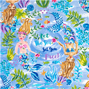 Tissu sirène en coton laissez la mer vous libérer poisson arc-en-ciel bleu