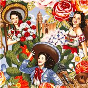 Tissu Alexander Henry, femmes mexicaines, sombreros, fleurs