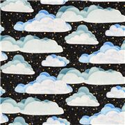 schwarzer Baumwollstoff weiße Wolken gelbe Sterne
