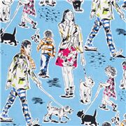 Tissu en coton bleu avec des gens qui promènent des chiens