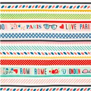 bunte Muster mit Reisezielen Baumwollstoff Paris London