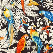 Tissu noir perroquets feuille palmiers tropicaux orchidées fleurs