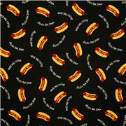 Baumwollstoff USA schwarz mit Fast Food Hot Dogs ReststÃŒck