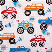 Baumwollstoff bunte Monstertrucks auf weiß