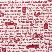 tela crema con texto rojo sobre vida en la granja leche tractor