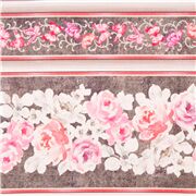 Tissu en coton gris à bandes avec des fleurs roses et papillons