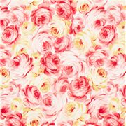 Rosen in Gelb und Pink auf weißem Baumwollstoff