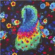 Tissu noir plumes de paon multicolores ornées de fleurs