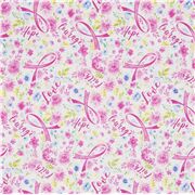 Tissu avec des rubans roses des fleurs et des mots motivants