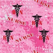 Tela algodón rosa manchas lunares blancos Nurse en rojo emblema negro