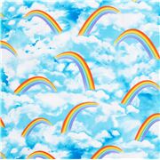 Tissu en coton bleu, nuages blancs, arcs-en-ciel