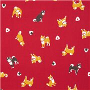 Tela oxford roja con perritos shiba inu y bolas de arroz onigiri