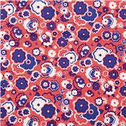 Tela retro de flores hippy azul índigo rojo y blanco