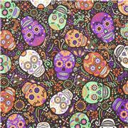 Tela minky poliéster suave negro calaveras de azúcar colores