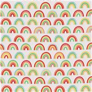 Tissu coton blanc à rayures avec des mini rangées d'arcs-en-ciel