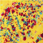 Tissu batik jaune avec des taches bleues et rose magenta