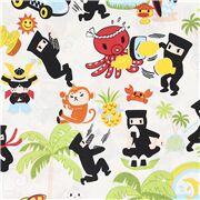 Tissu beige style manga, aliments, animaux, ninjas