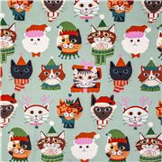 Tela de algodón de EE. UU. en verde con gatos en sombreros navideños
