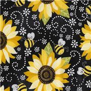 Tissu Timeless Treasures noir-gris avec des fleurs et des abeilles