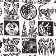 schwarz weiß Schablonenstempel Kürbis US Stoff Skelette Totenköpfe Mond Katzen Sterne