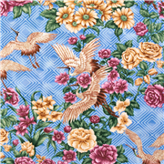 Tissu en coton bleu sur le thème du Japon, fleurs, pivoines, grues USA