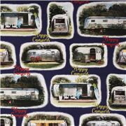 Tissu en coton bleu Happy Campers avec des caravanes rétros