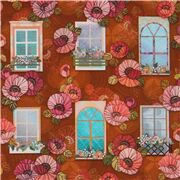 Tissu marron avec des fenêtres multicolores, des coquelicots coupon