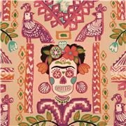 Braunrosa Baumwollstoff mit Frida Zuckerschädel Vogelblumen