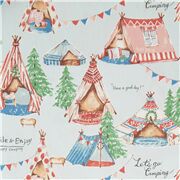 Tissu Oxford en coton bleu clair avec des tentes de camping