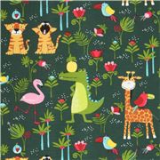 Tissu jersey vert foncé avec des animaux multicfolores