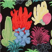Tissu noir avec des cactus multicolores