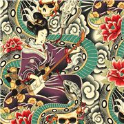 Tissu coloré, femme japonaise et crânes