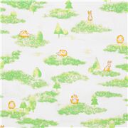 Baumwollstoff aus Japan mit Naturgrafiken Prärietieren Igel Hasen Laub