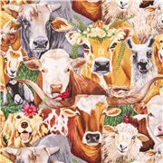 Tissu en coton américain avec des vaches, des lamas, des chèvres, des oiseaux