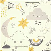 Tissu en coton crème nuages, étoiles et arcs-en-ciel