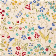 Tissu en popeline de coton crème fleurs sauvages bleues jaunes et baies rouges