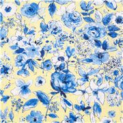 Tela algodón amarillo claro denso diseño romántico flores azules