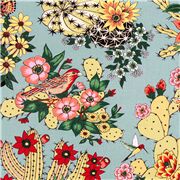 Tissu américain bleu végétation du désert, oiseaux, fleurs, papillons Alexander