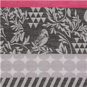 Tela jacquard de echino gris con franjas de formas geométricas y pájaros
