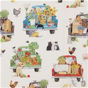 Tissu avec des animaux de la ferme, des voitures, des fleurs coupon