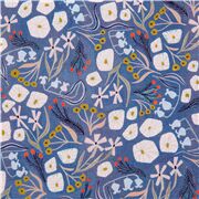 Tela floral azul flores de diseño esquemático con diferentes formas