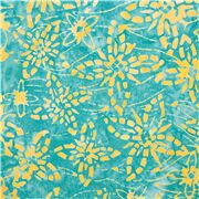 Tela flores cuatro pétalos amarillo y azul batik desteñido