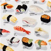 Tissu Robert Kaufman blanc rigolo avec des sushis
