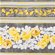 Tissu en coton gris fleurs jaunes papillons rayures